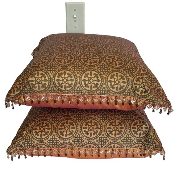 Pier 1 Imports Silk Beaded Throw Pillows 18X18 Golden Bronze Medallion Boho 18" - Picture 1 of 13